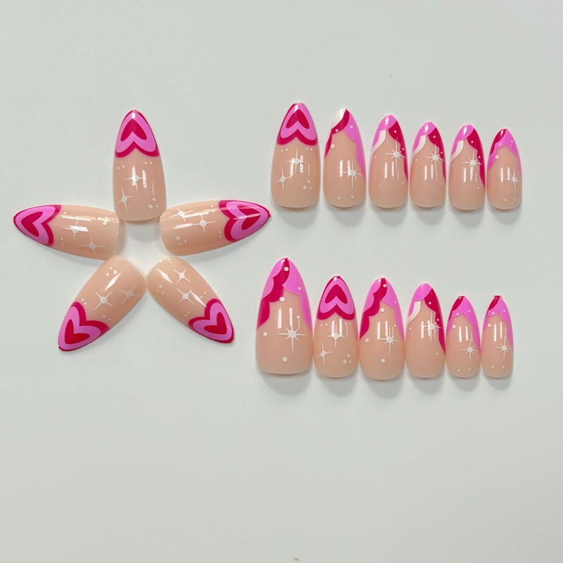 Maigitur Valentine's Day Press on Nails Medium Almond Fake Nails Red Heart False Nails French Tip Glue on Nail Star Pink Love Stick on Nail Glossy Nude Full Cover Acrylic Nail for Women Manicure 24pcs… - Image 3